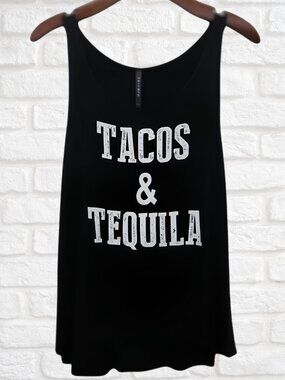 New Tacos & Tequila Black Oversized Long Racerback Tank Top Black - Size Large
